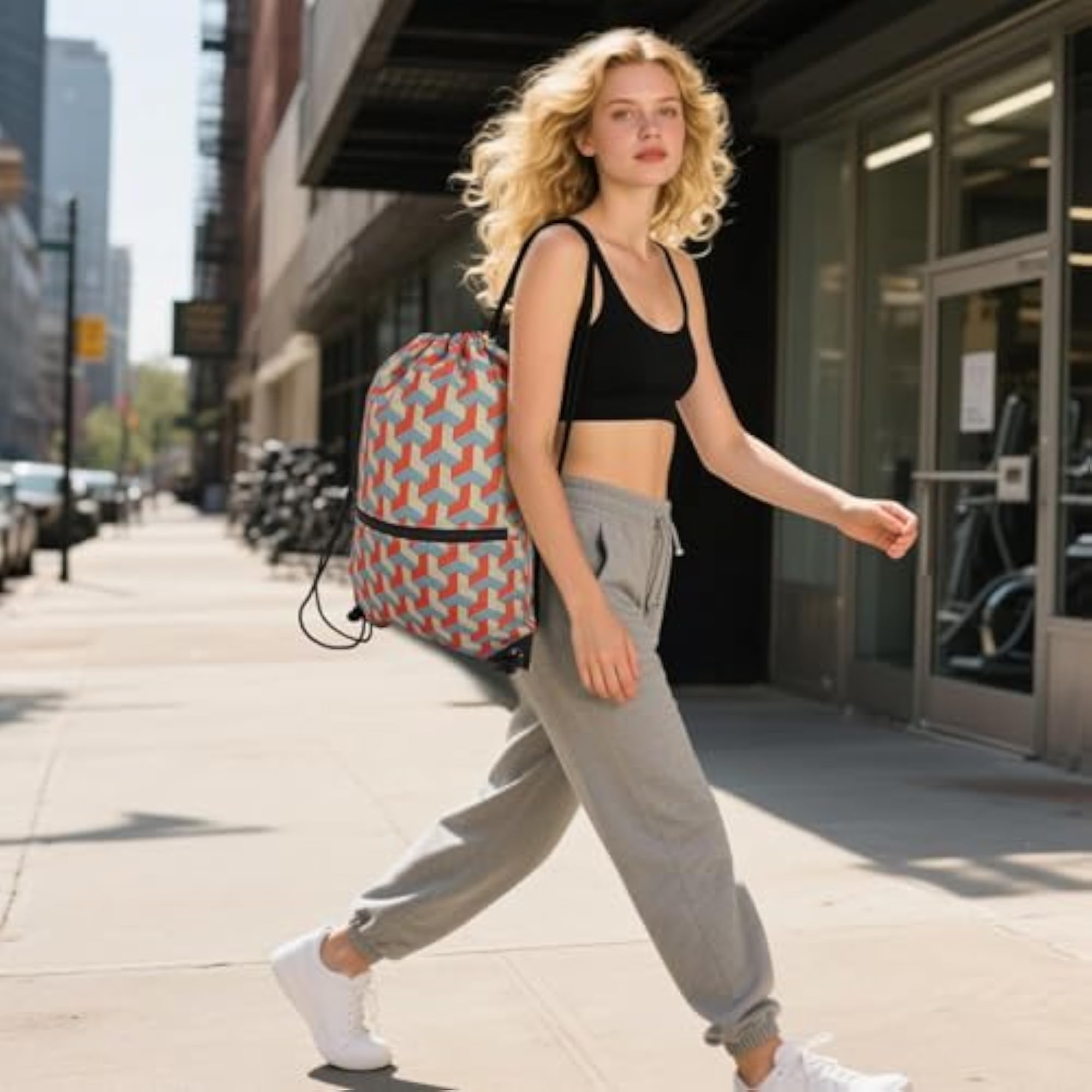 Red Pattern Drawstring Backpack Bag for Sports